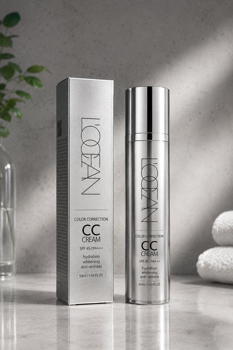 L'OCÉAN Perfection Make-up Base, bottle and carton on stone